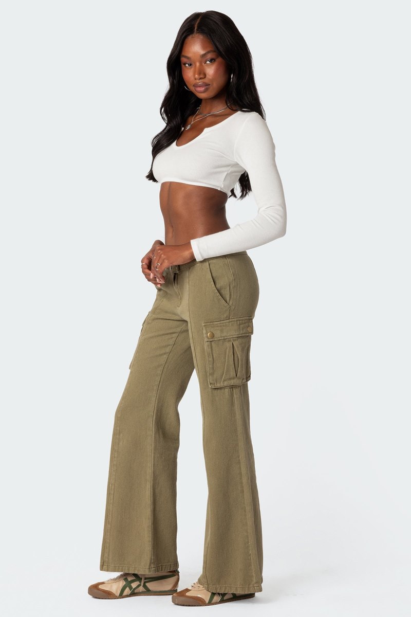 Edikted Sabri Low Rise Flared Cargo Jeans Olive | USA DS043494U2