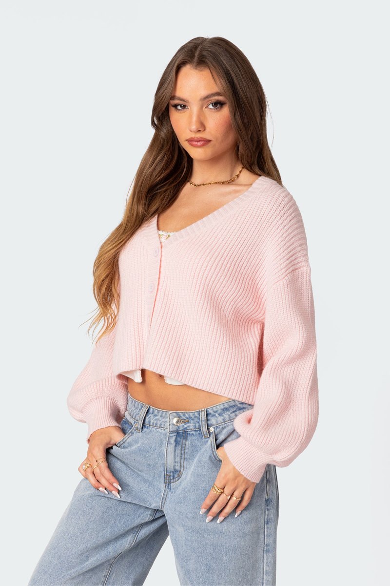 Edikted Sabrina Chunky Knit Cropped Cardigan Long Sleeve Tops Brown | USA BB651195F6