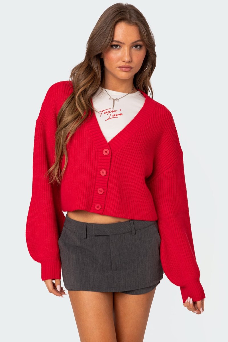 Edikted Sabrina Chunky Knit Cropped Cardigan Long Sleeve Tops Brown | USA RN911761F8