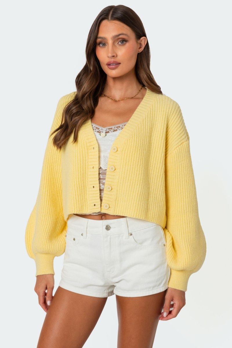 Edikted Sabrina Chunky Knit Cropped Cardigan Long Sleeve Tops Brown | USA GZ431103V9