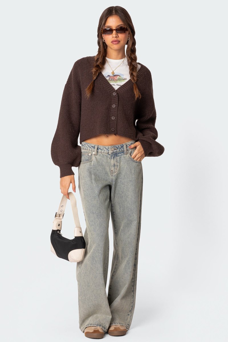 Edikted Sabrina Chunky Knit Cropped Cardigan Brown | USA YL172717F8
