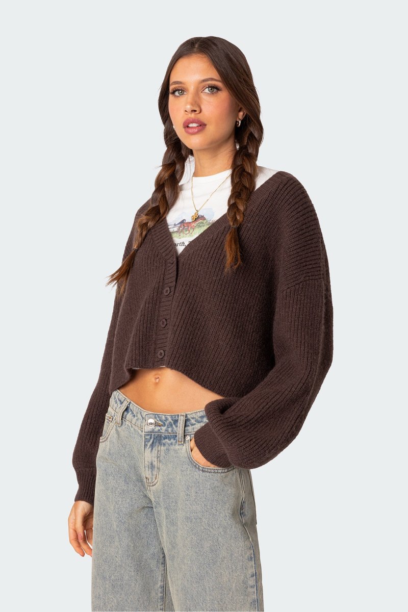 Edikted Sabrina Chunky Knit Cropped Cardigan Brown | USA YL172717F8