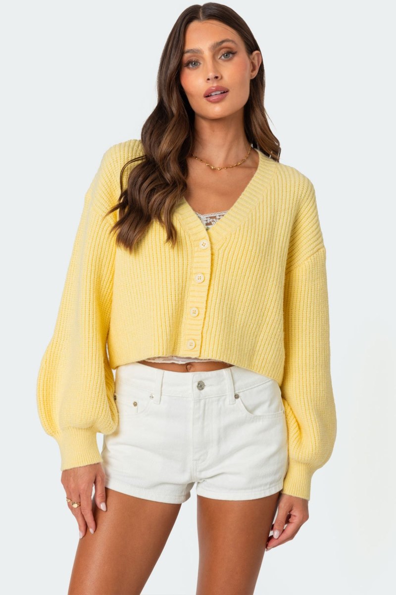 Edikted Sabrina Chunky Knit Cropped Cardigan Brown | USA XH151145U7