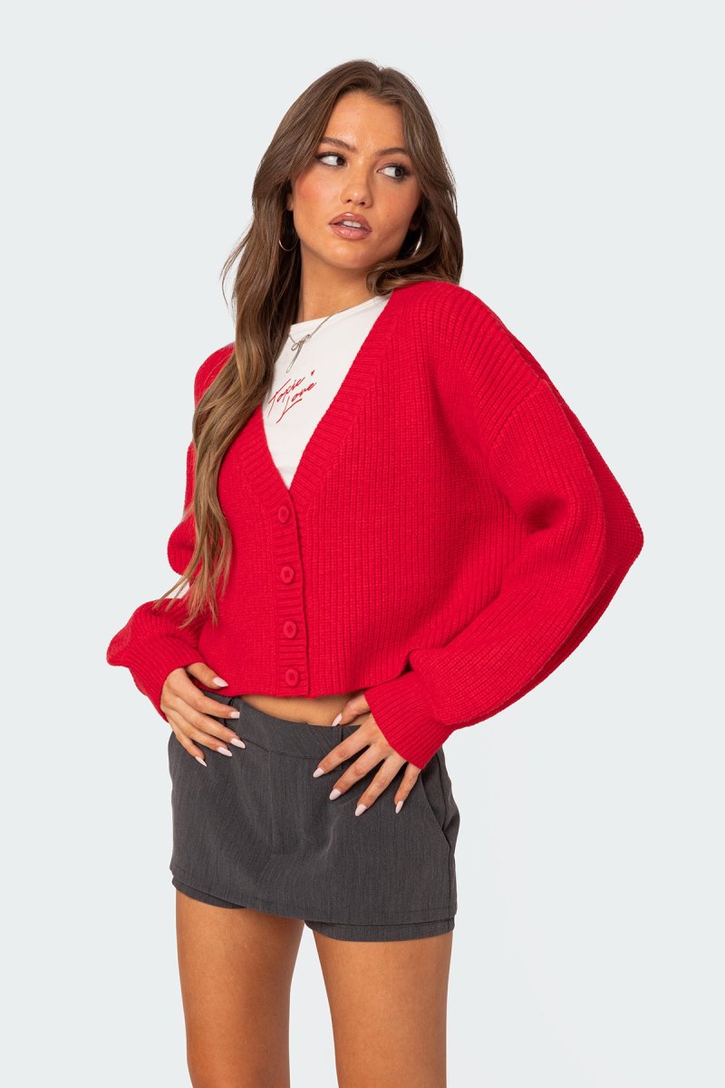 Edikted Sabrina Chunky Knit Cropped Cardigan Crop Tops Brown | USA SI057315R6