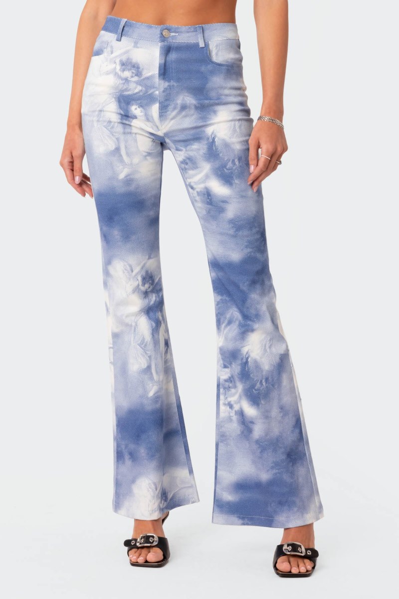Edikted Saint Printed Flared Jeans Blue | USA DR534153B5