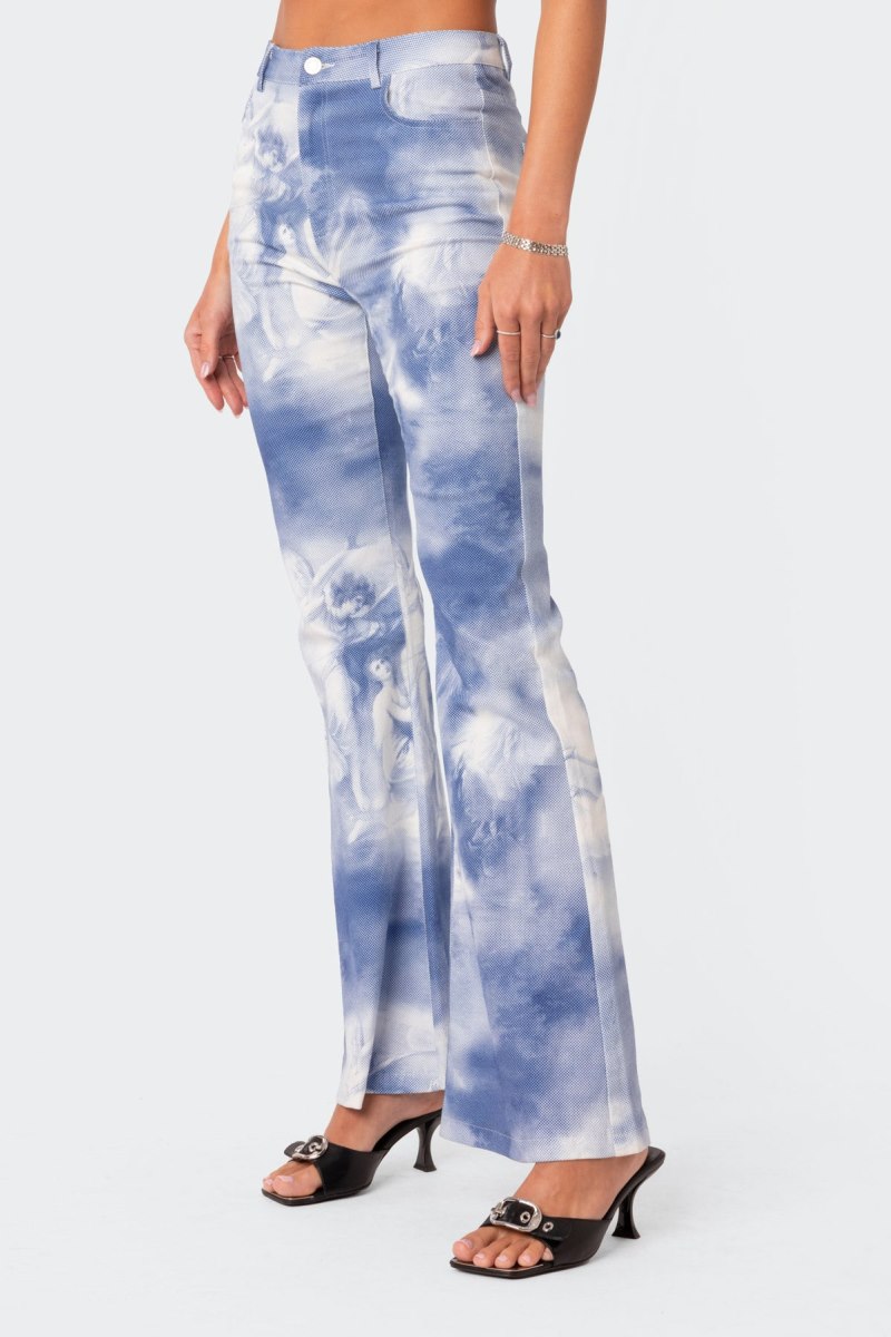 Edikted Saint Printed Flared Jeans Blue | USA DR534153B5