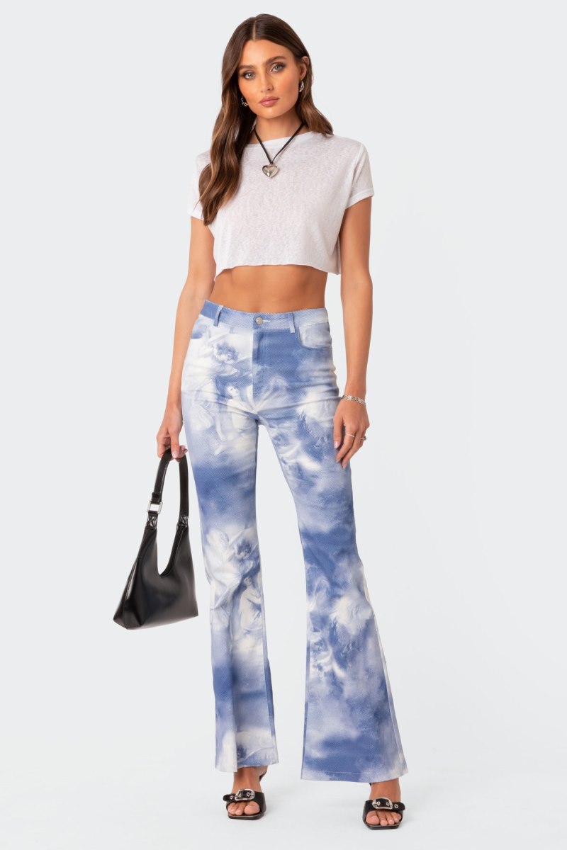 Edikted Saint Printed Flared Jeans Blue | USA DR534153B5