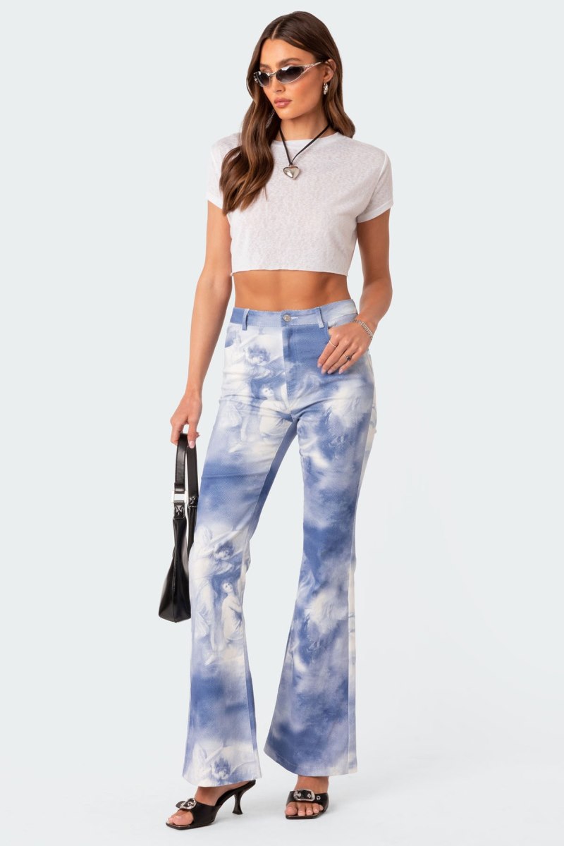Edikted Saint Printed Flared Jeans Blue | USA DR534153B5