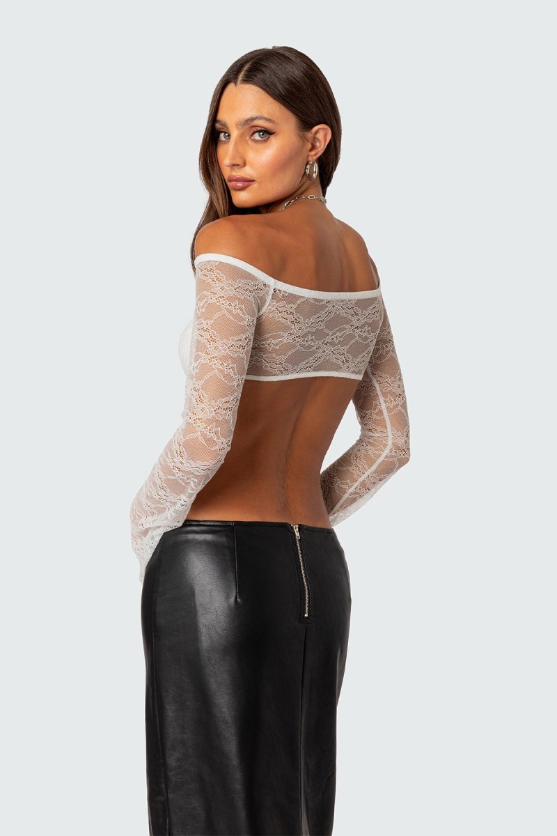 Edikted Sainty Sheer Lace Crop Tops White | USA KF930173E5