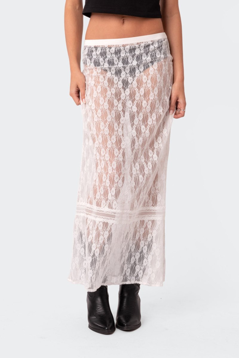 Edikted Sandra Sheer Lace Maxi Skirts White | USA ZR619391L6