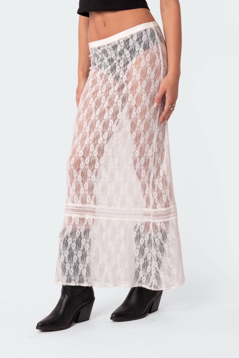 Edikted Sandra Sheer Lace Maxi Skirts White | USA ZR619391L6