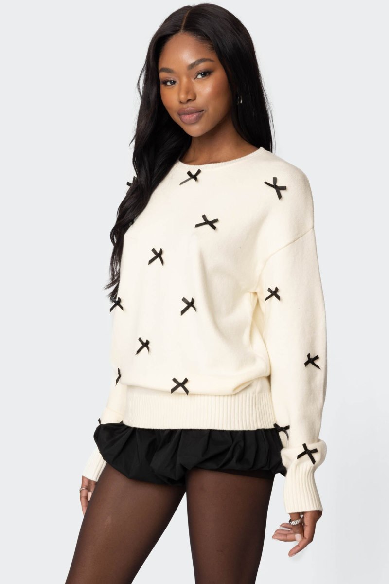 Edikted Satin Bow Oversized Sweater Cream | USA NM760896M1