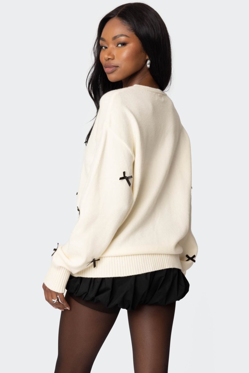 Edikted Satin Bow Oversized Sweater Cream | USA NM760896M1