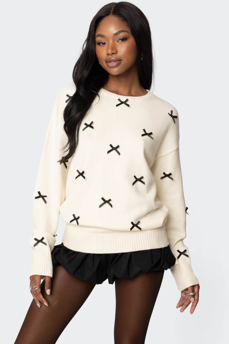 Edikted Satin Bow Oversized Sweater Cream | USA NM760896M1