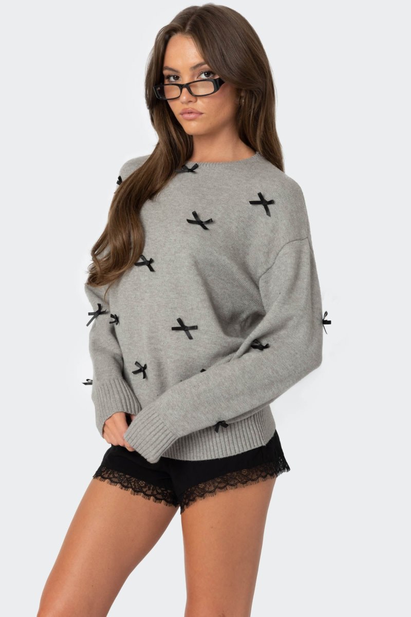 Edikted Satin Bow Oversized Sweater Cream | USA DU013461W9