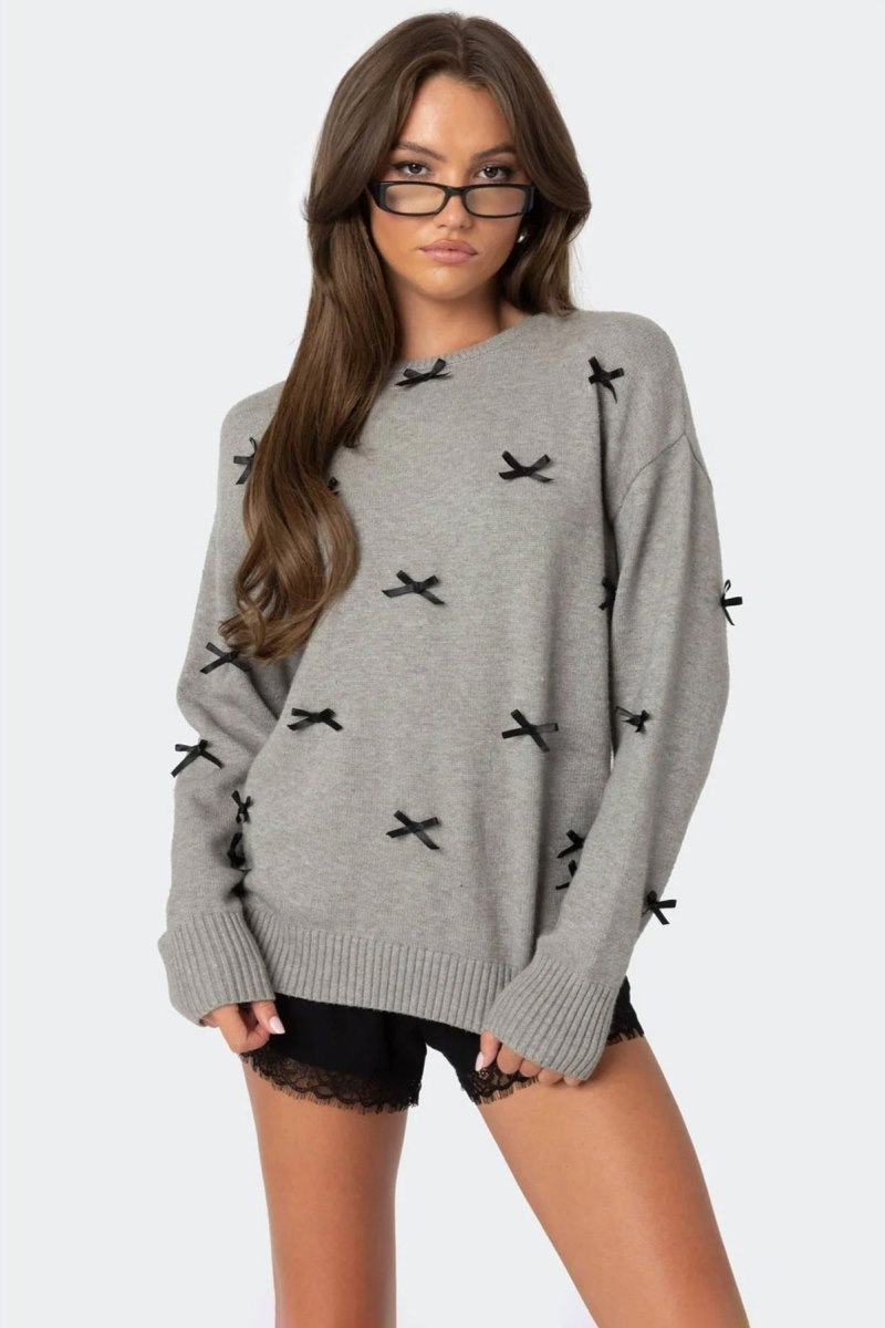 Edikted Satin Bow Oversized Sweater Cream | USA DU013461W9