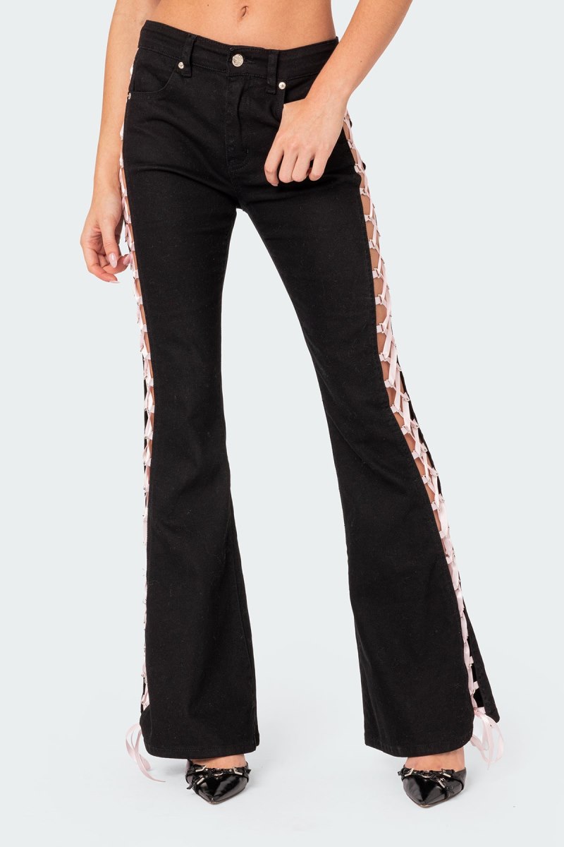 Edikted Satin Lace Up Flared Jeans Black | USA IT282728P1