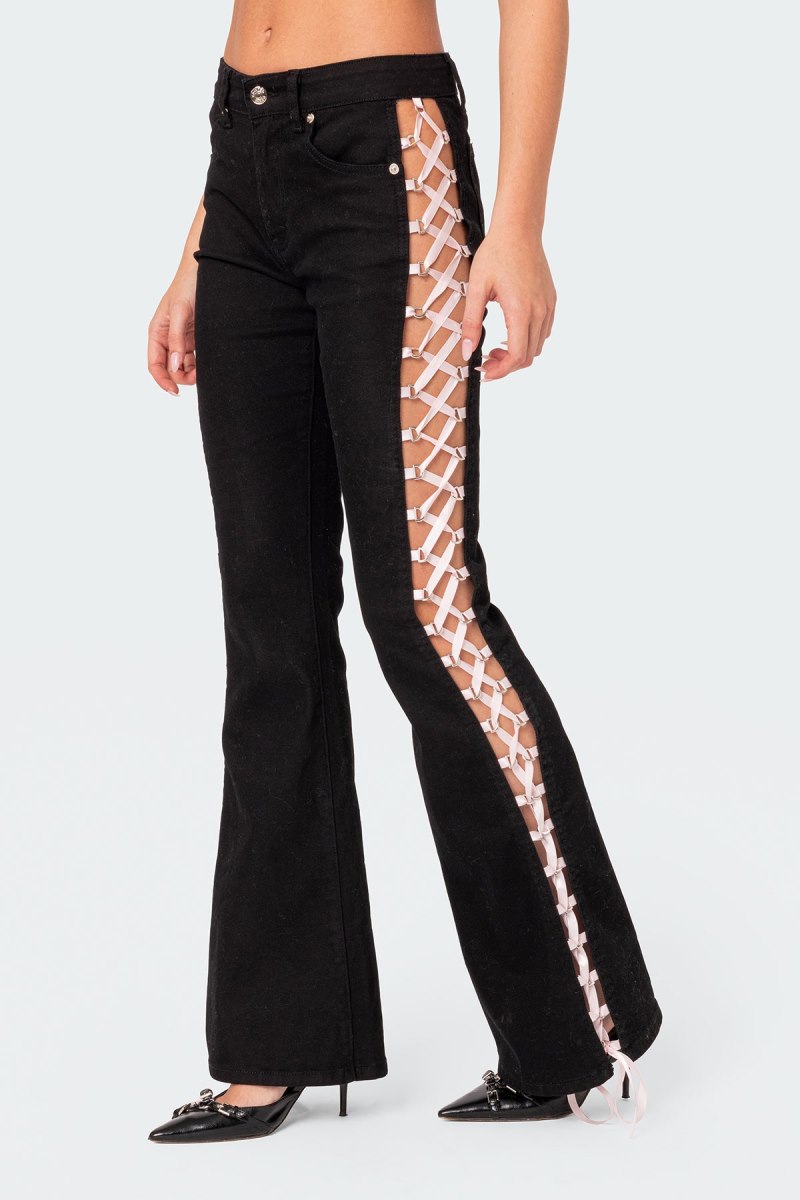 Edikted Satin Lace Up Flared Jeans Black | USA IT282728P1