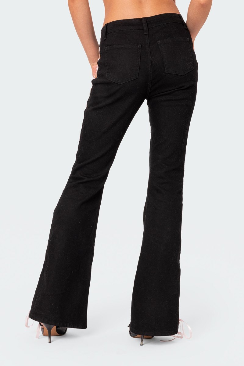 Edikted Satin Lace Up Flared Jeans Black | USA IT282728P1