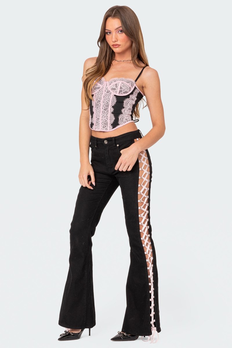 Edikted Satin Lace Up Flared Jeans Black | USA IT282728P1