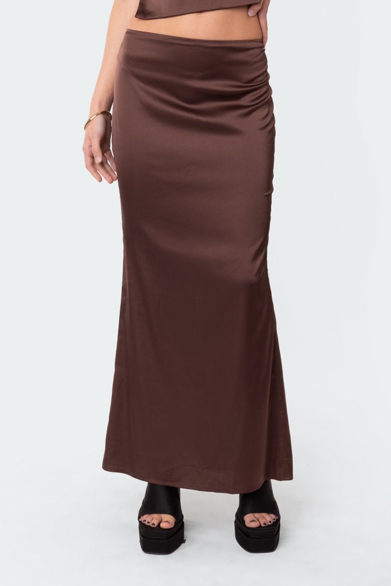 Edikted Satin Low Rise Back Slit Maxi Skirts Brown | USA RU994479W6