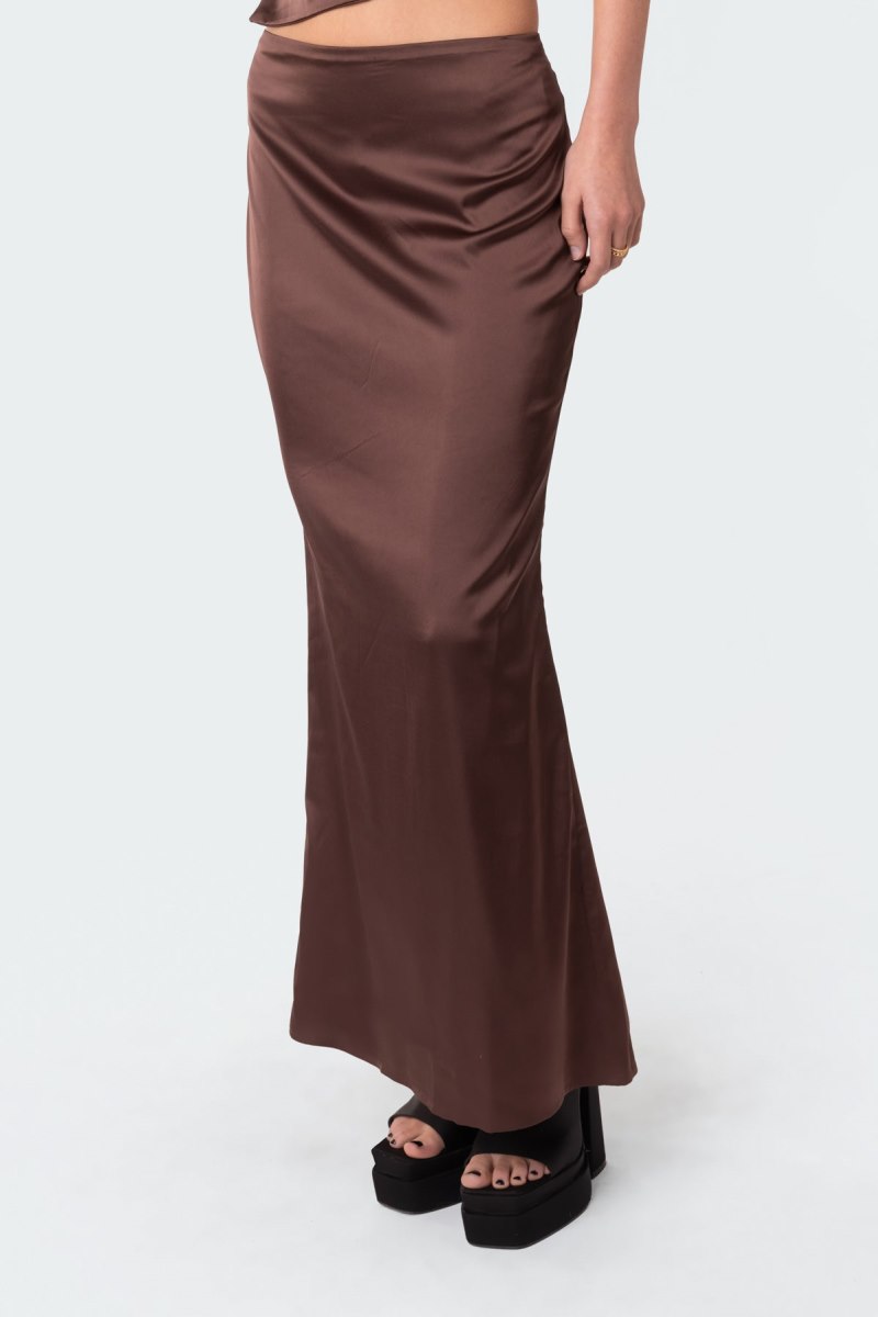 Edikted Satin Low Rise Back Slit Maxi Skirts Brown | USA RU994479W6