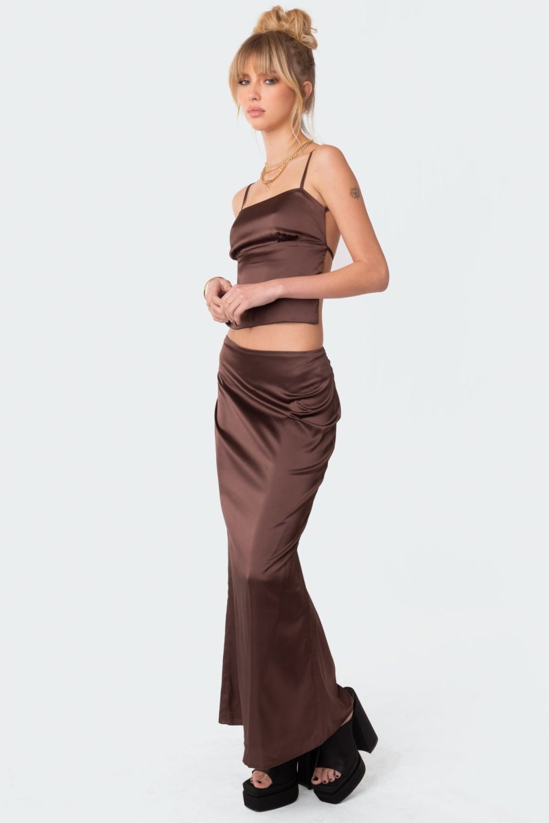 Edikted Satin Low Rise Back Slit Maxi Skirts Brown | USA RU994479W6