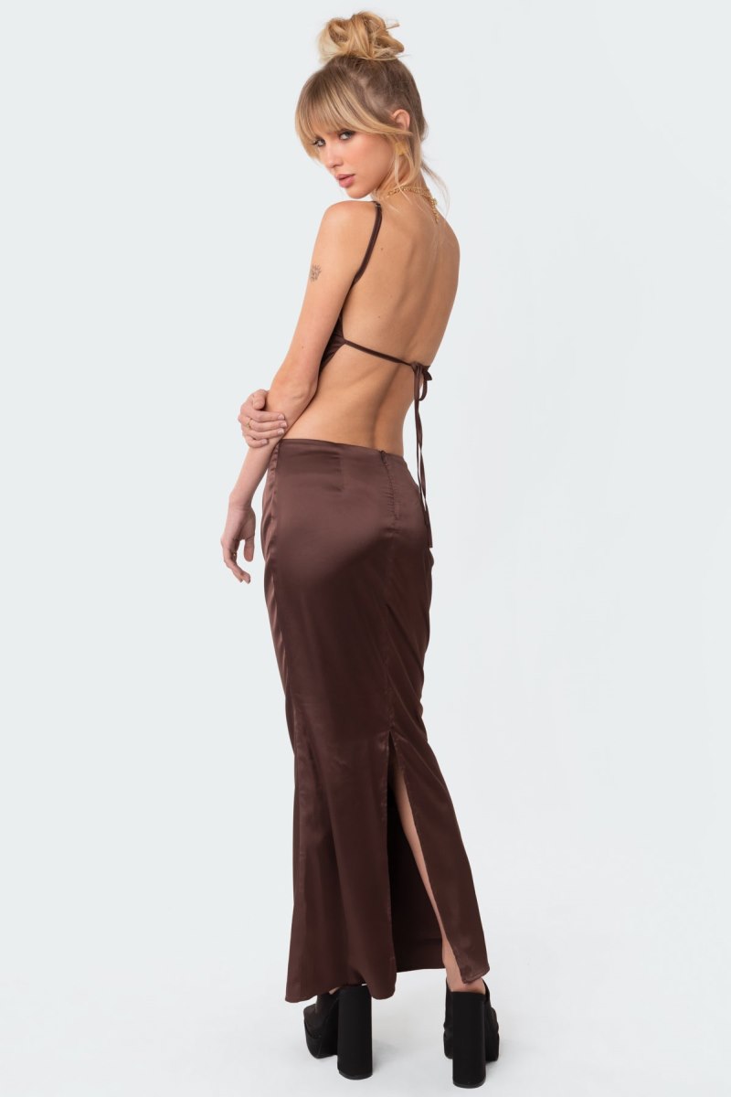Edikted Satin Low Rise Back Slit Maxi Skirts Brown | USA RU994479W6