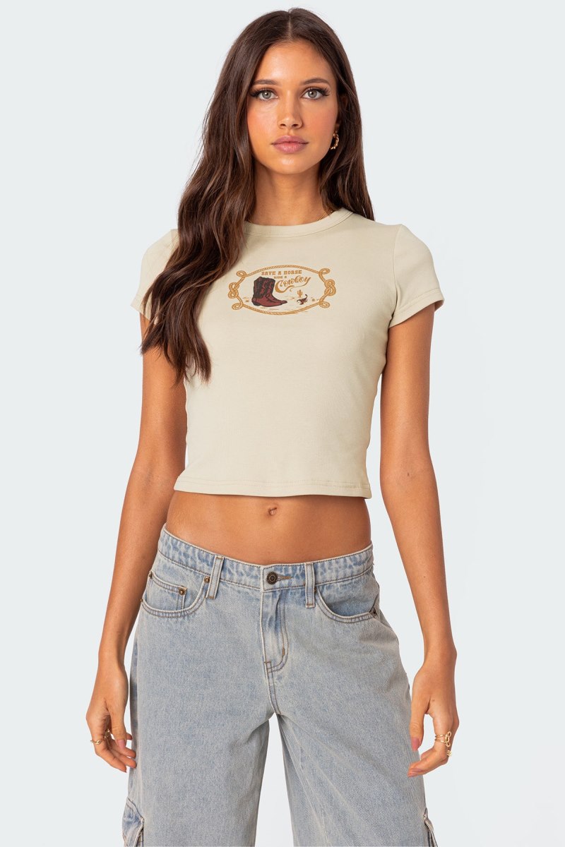 Edikted Save A Horse T Shirt Graphic Tops Beige | USA IM442914B4