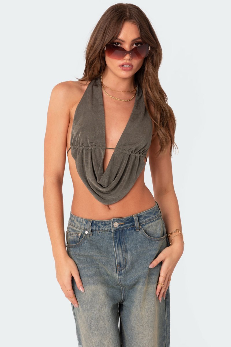 Edikted Scoop Neck Open Back Crop Tops Olive | USA FY864746S3