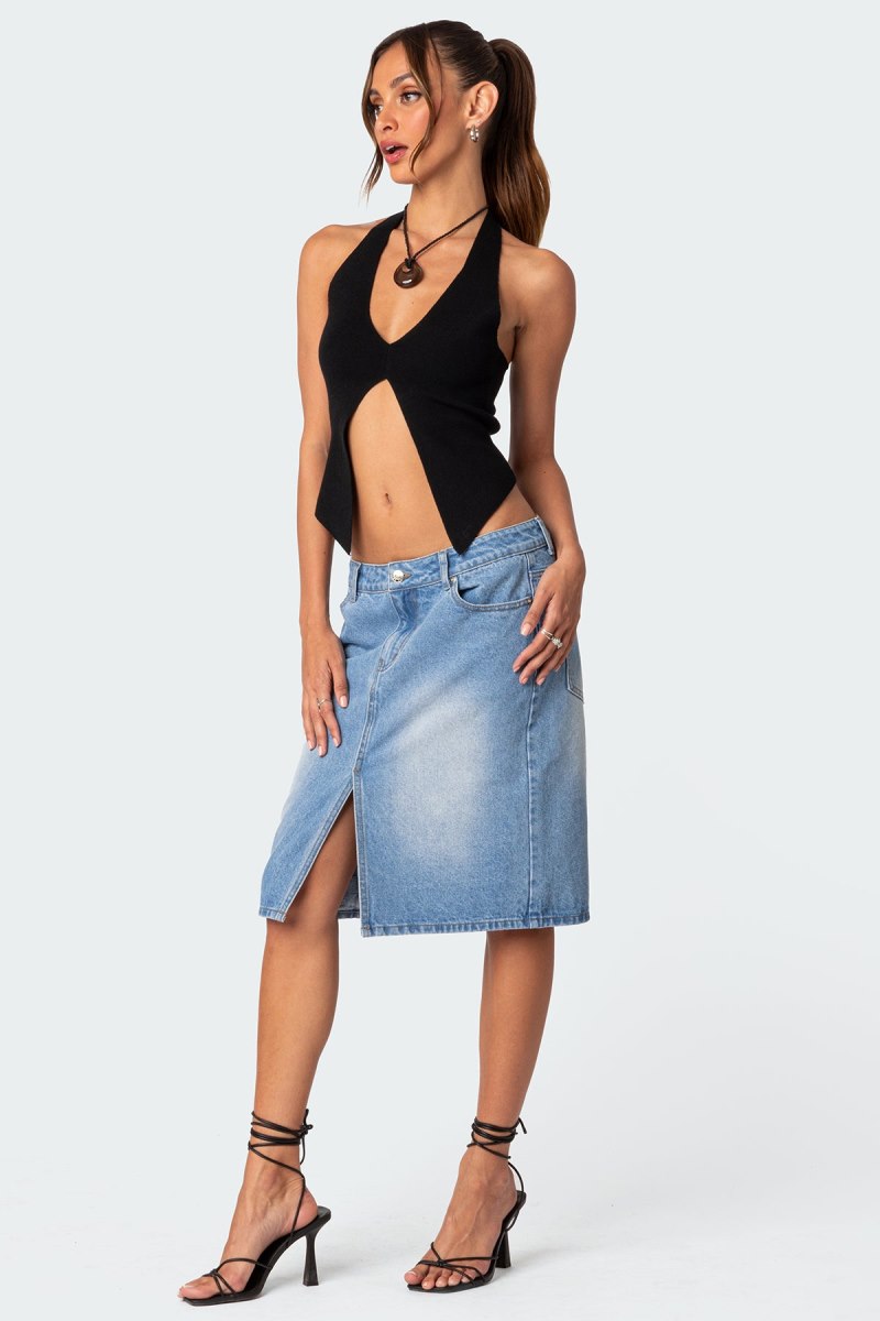 Edikted Sculpt Knitted Split Front Knitted Tops Black | USA SN664406A9