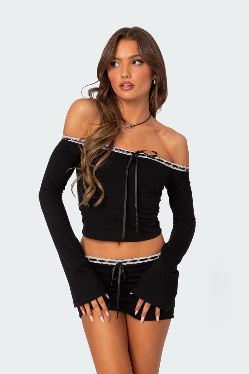 Edikted Seline Ribbon Trim Crop Tops Black | USA EL240744P7