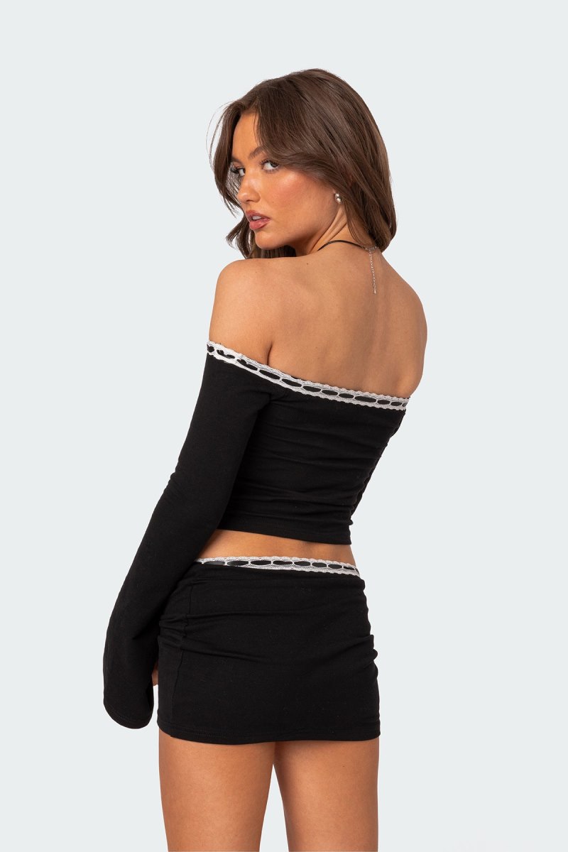 Edikted Seline Ribbon Trim Long Sleeve Tops Black | USA KM351235U0
