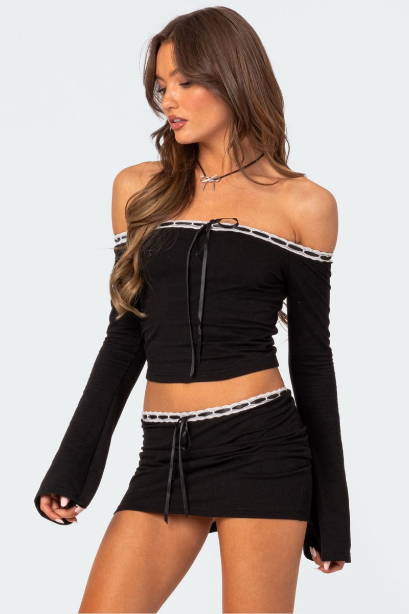Edikted Seline Ribbon Trim Long Sleeve Tops Black | USA KM351235U0