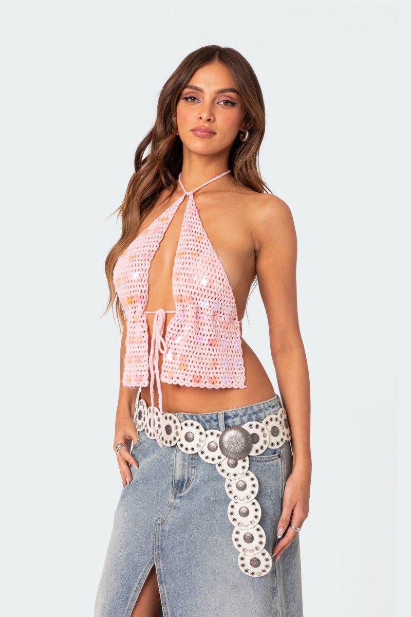 Edikted Sequin Crochet Open Back Crop Tops Pink | USA CX744444B9