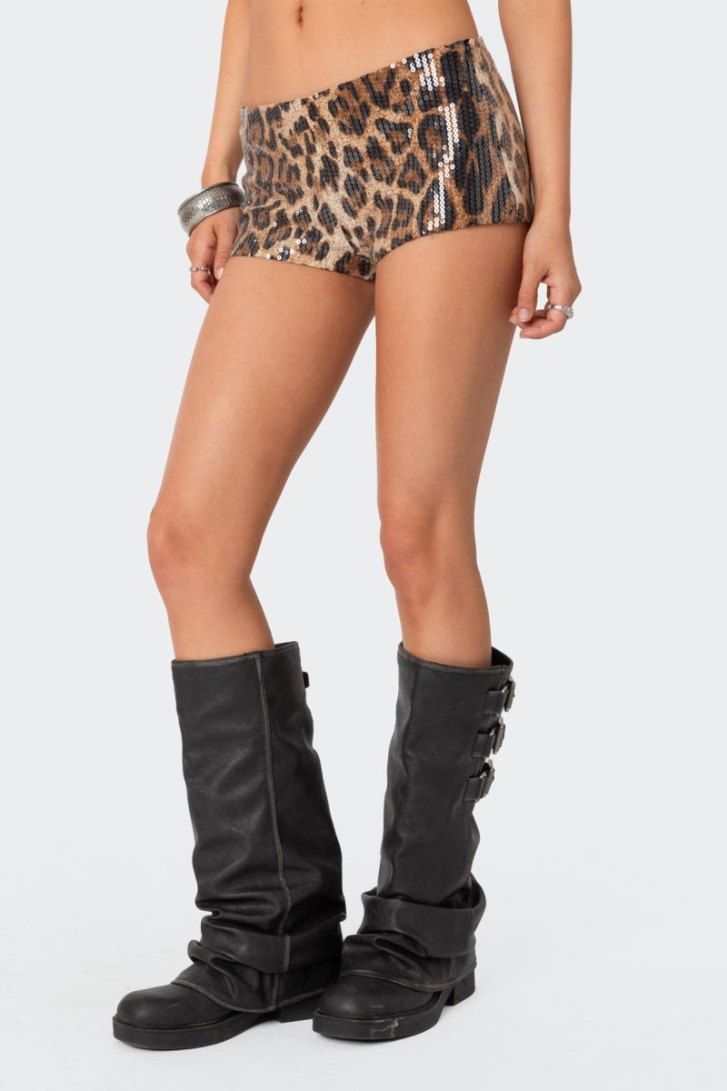 Edikted Sequin Leopard Printed Micro Shorts Leopard | USA EB544144O6