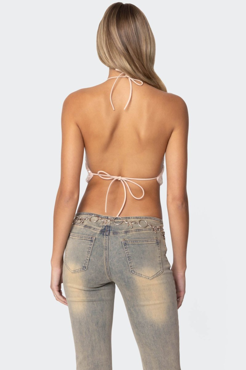 Edikted Sequin Open Back Halter Crop Tops Light Pink | USA DR853815Q9