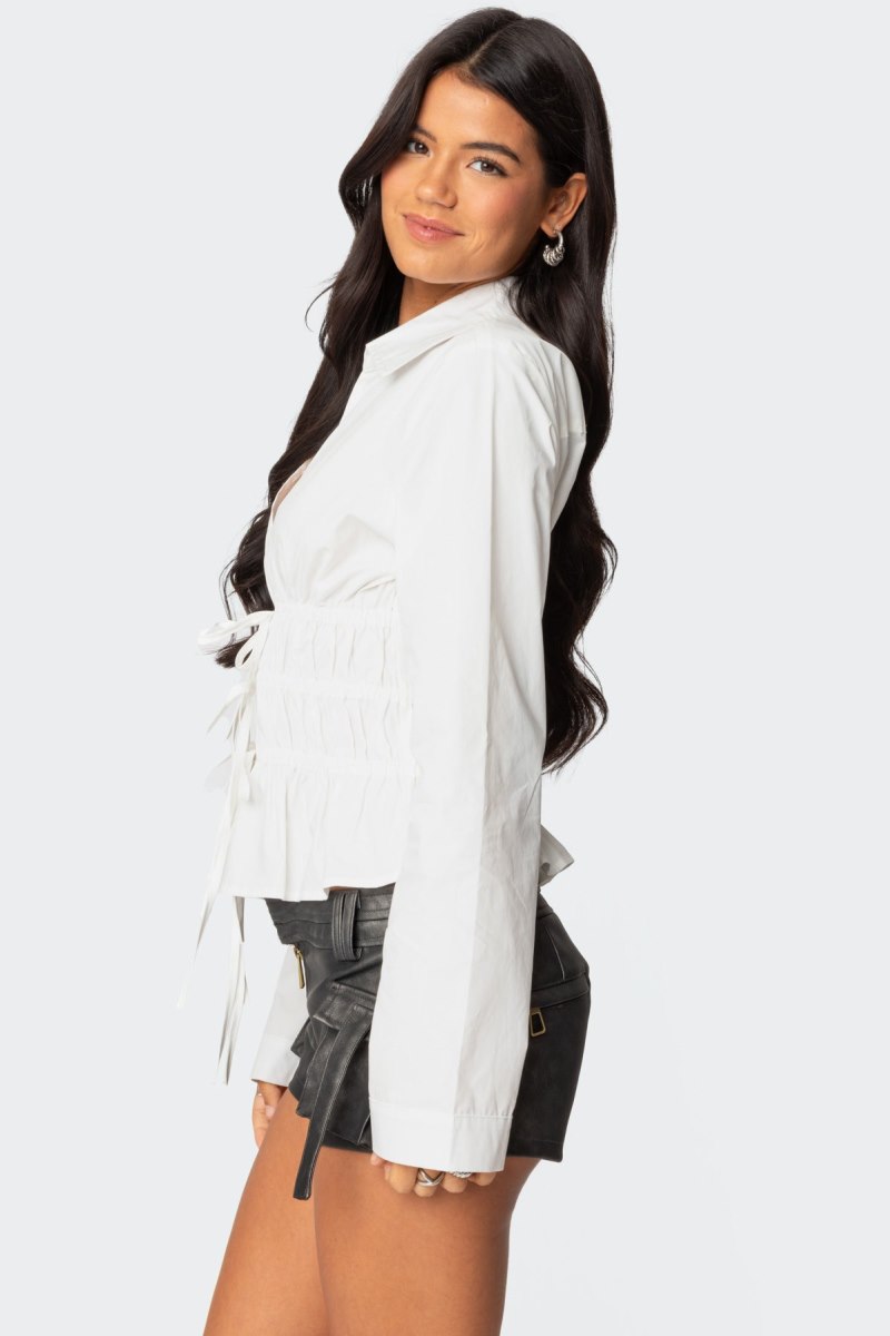 Edikted Sharon Collared Tie Front Long Sleeve Tops White | USA AP062056V3