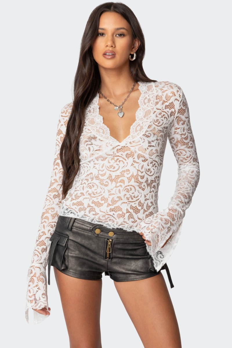Edikted Sheer Lace Bell Sleeve Long Sleeve Tops White | USA DM440914G3