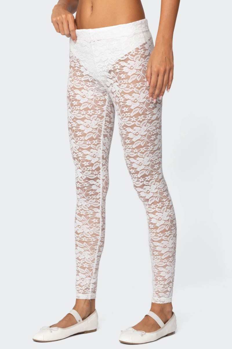 Edikted Sheer Lace Leggings Pants White | USA LK162026M7