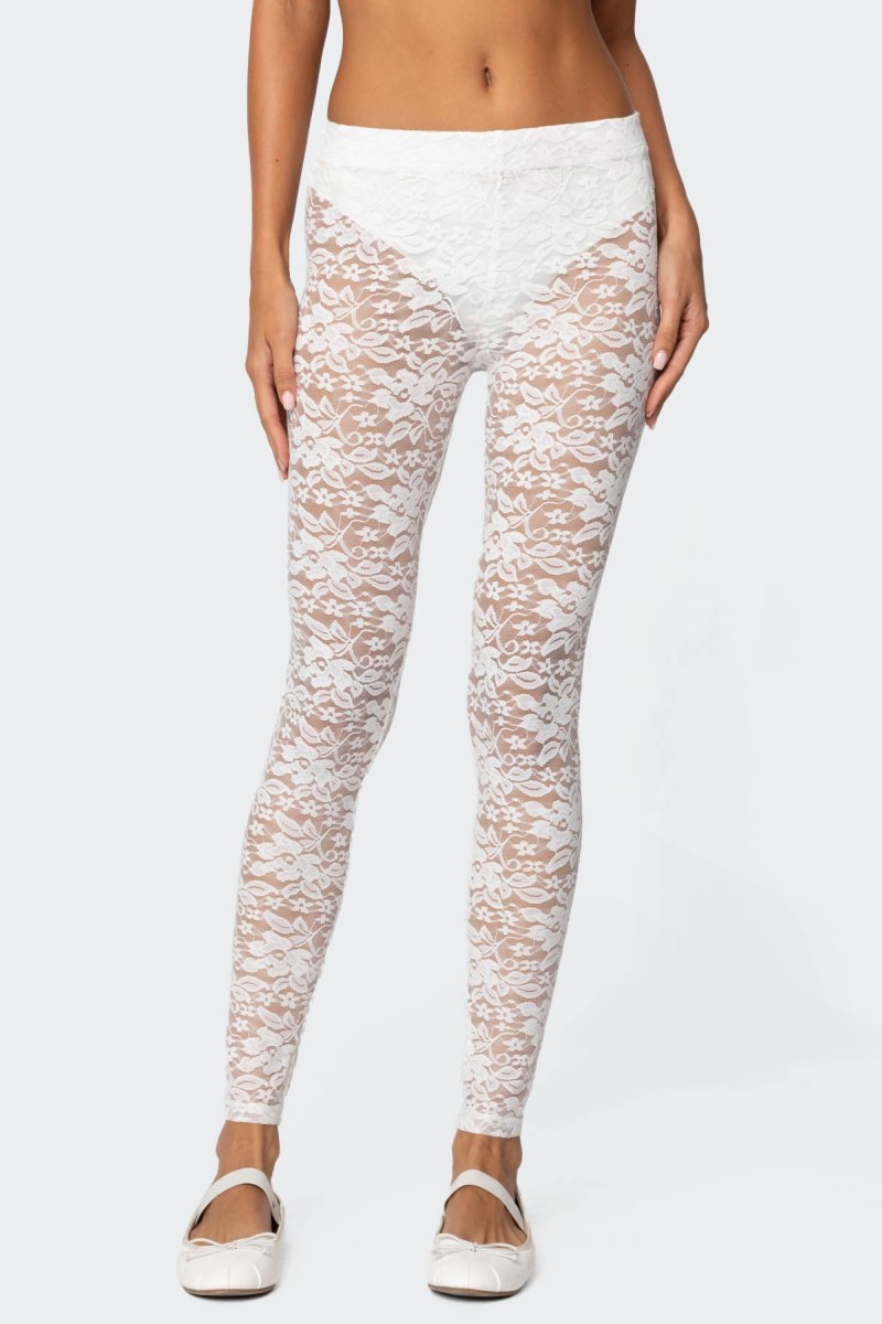 Edikted Sheer Lace Leggings Pants White | USA LK162026M7