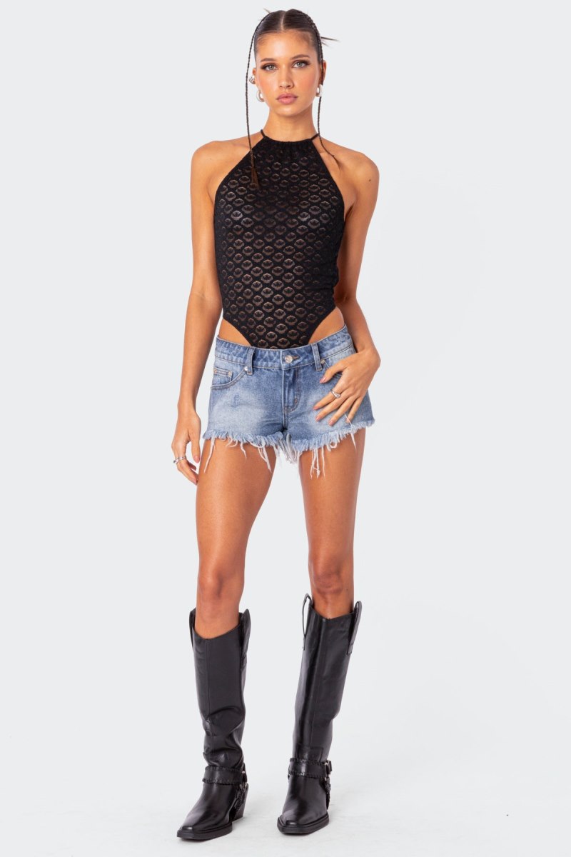 Edikted Sheer Lace Open Back Bodysuit Black | USA PK281958H8
