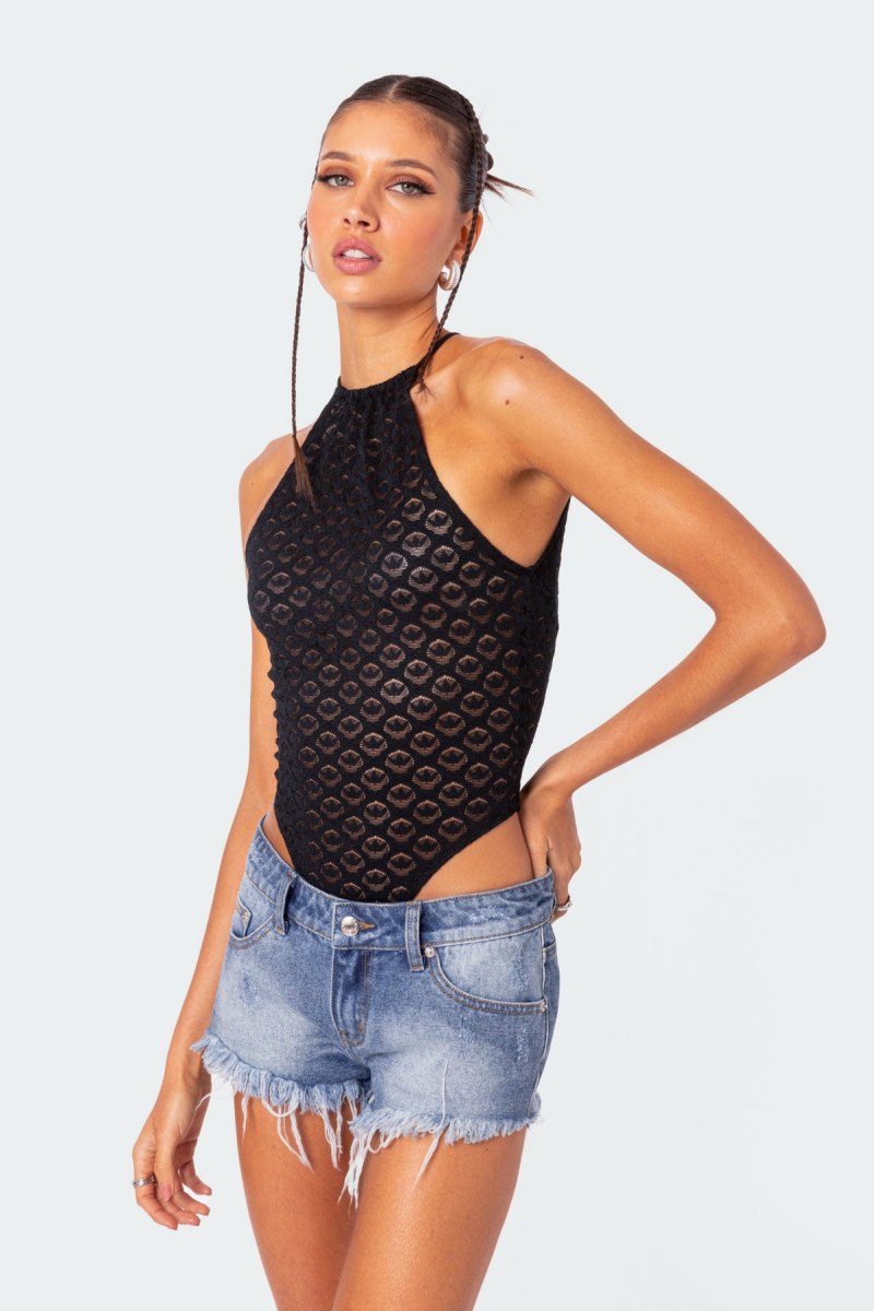 Edikted Sheer Lace Open Back Bodysuit Black | USA PK281958H8