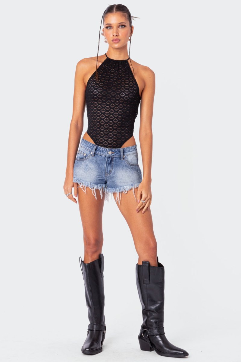 Edikted Sheer Lace Open Back Bodysuit Black | USA PK281958H8