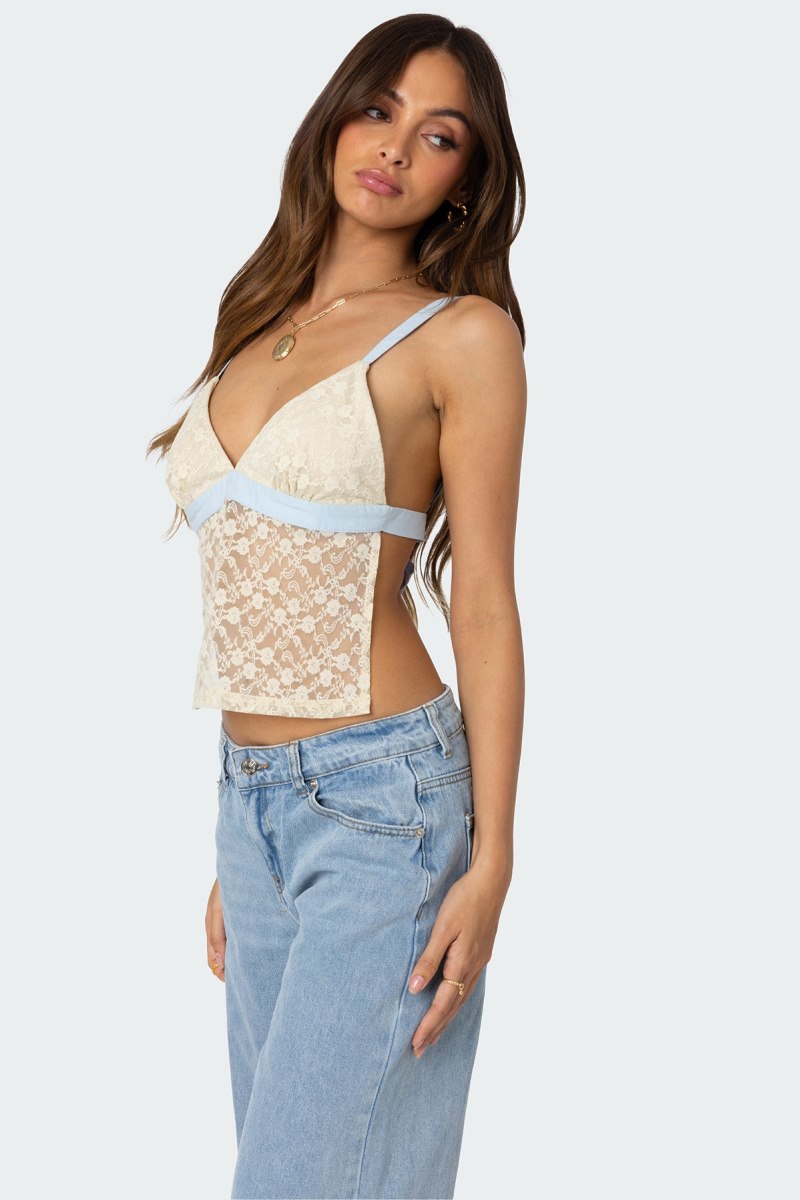 Edikted Sheer Lace Open Back Tank Top Black | USA WN313541Z5