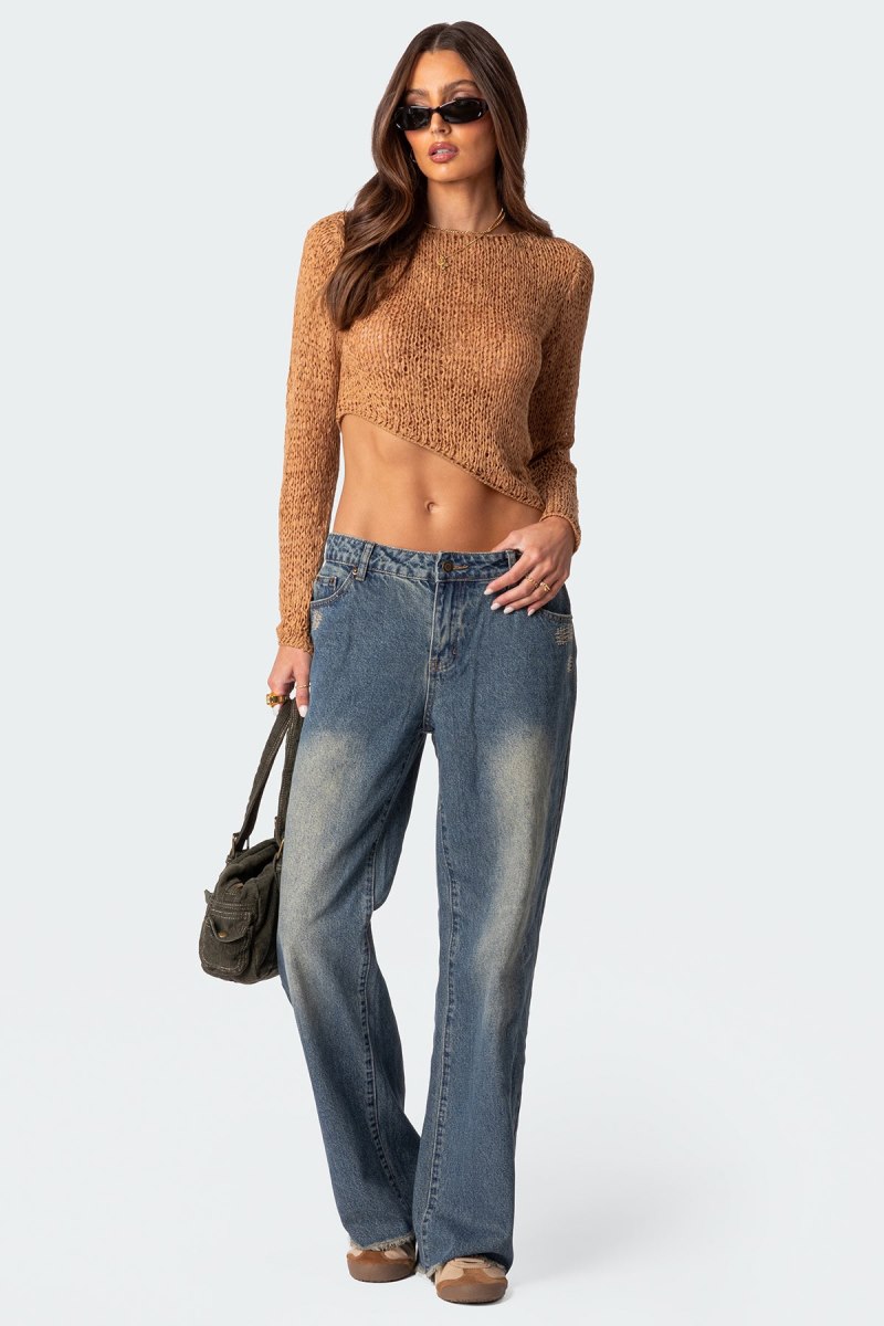 Edikted Sheer Loose Knit Asymmetric Crop Tops Black | USA BZ433003D8