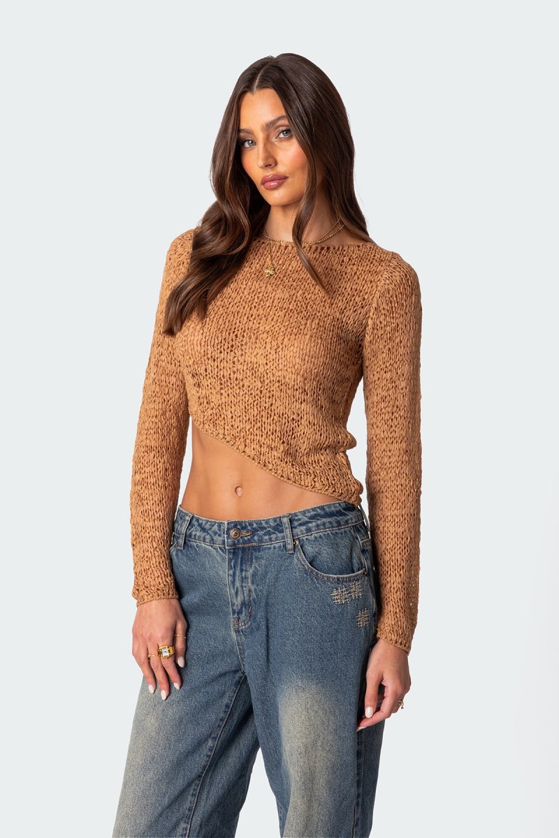 Edikted Sheer Loose Knit Asymmetric Crop Tops Black | USA BZ433003D8