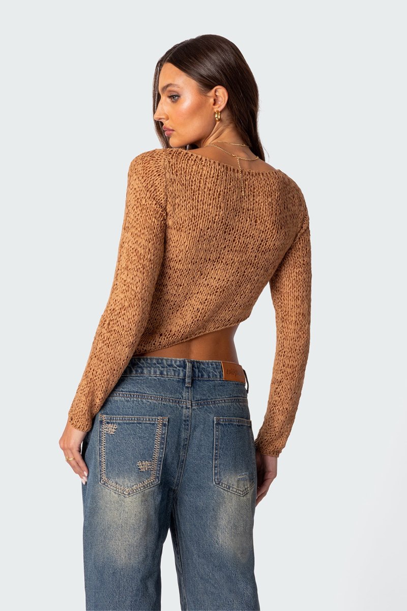 Edikted Sheer Loose Knit Asymmetric Crop Tops Black | USA BZ433003D8