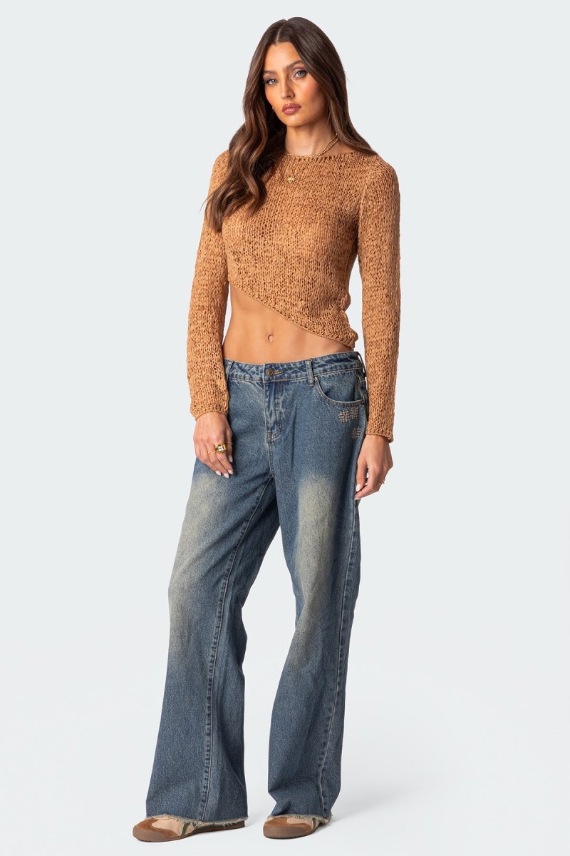 Edikted Sheer Loose Knit Asymmetric Crop Tops Black | USA BZ433003D8