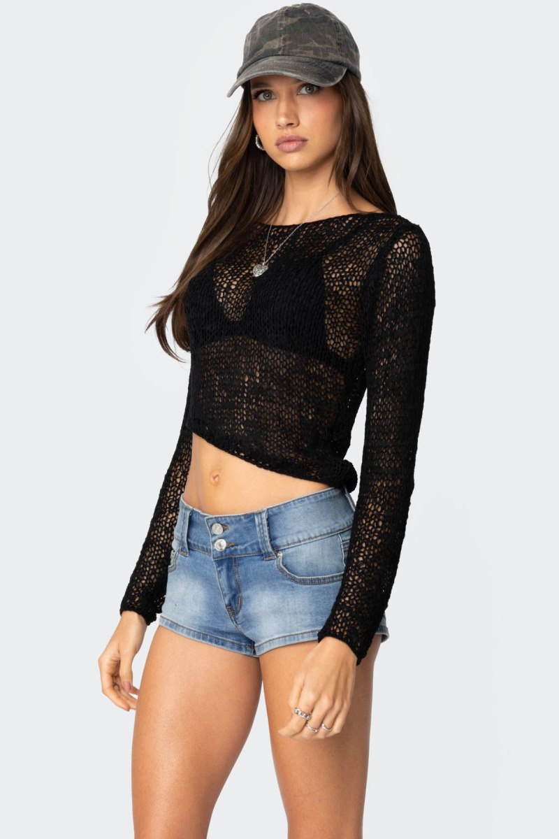 Edikted Sheer Loose Knit Asymmetric Long Sleeve Tops Black | USA VR166206I7